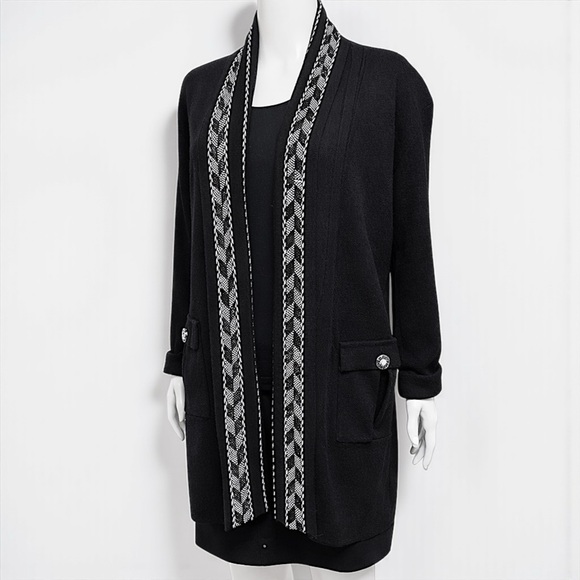 High Secrets Sweaters - High Secret’s Black & White Crystal-Embellished Knit Sweater Jacket – Size XL